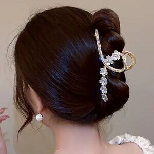 Gold Metal Hair Claw Clip with Shell Flowers & Rhinestones